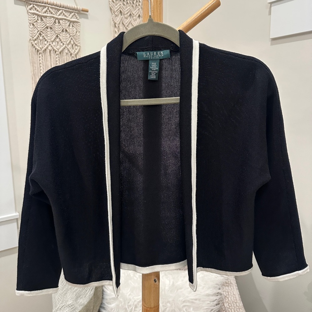 Lauren Ralph Lauren Petite Black Cropped Cardigan White Trim PXS up to Small